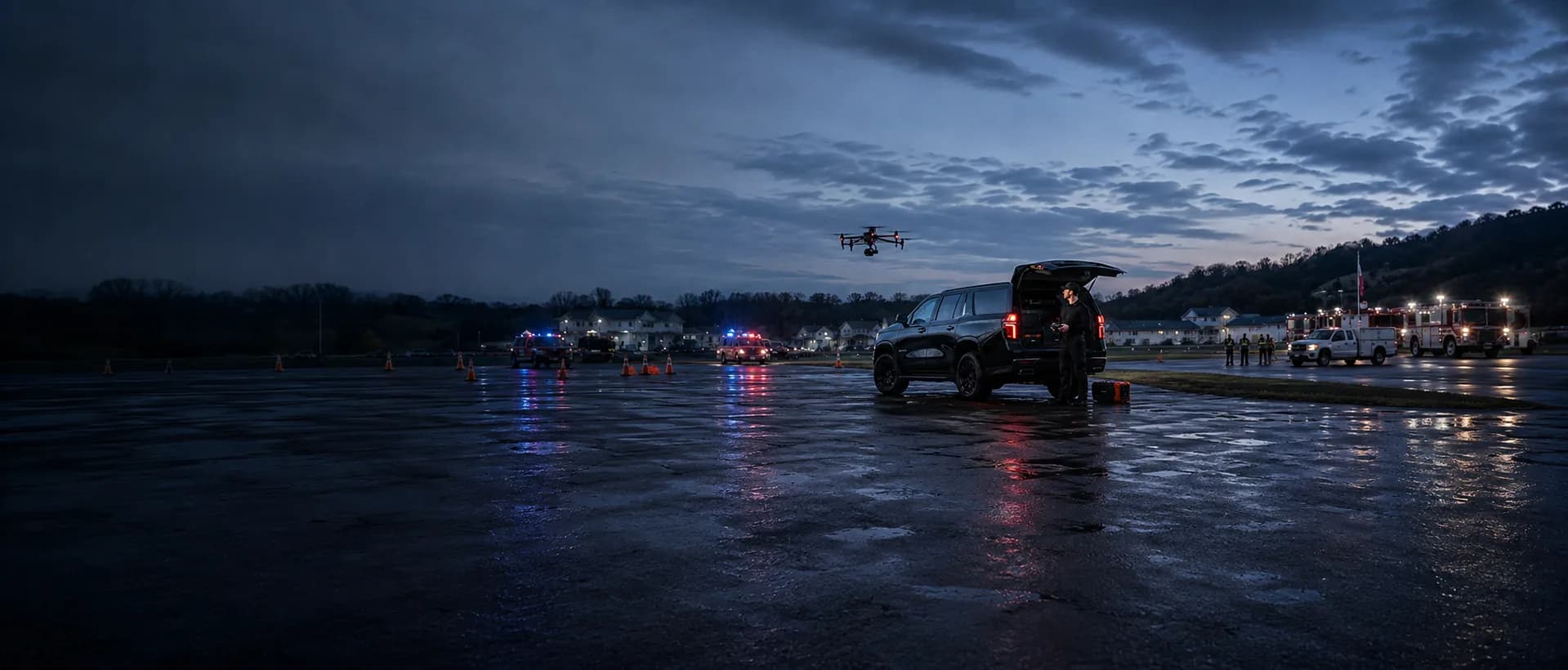 A drone above an SUV in an open staging area at dusk.