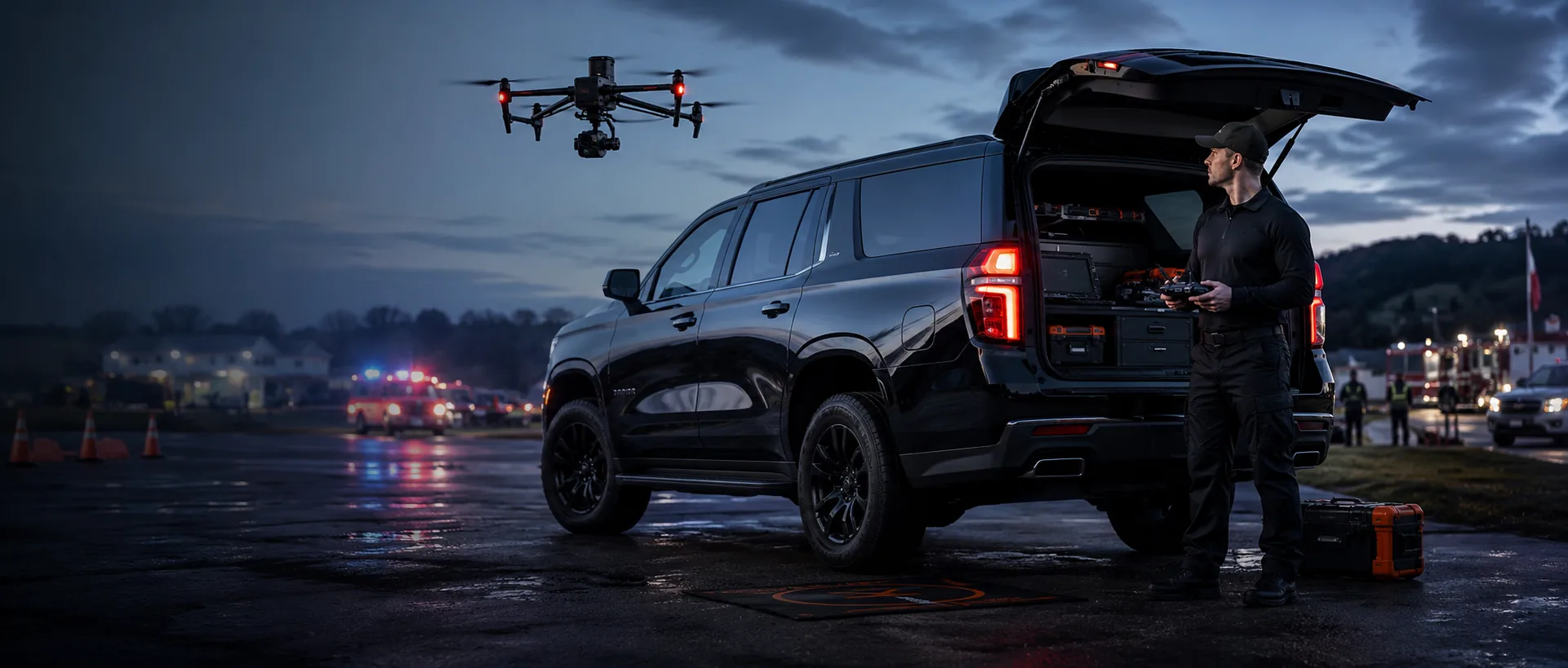A drone in flight beside an SUV and an operator at dusk.
